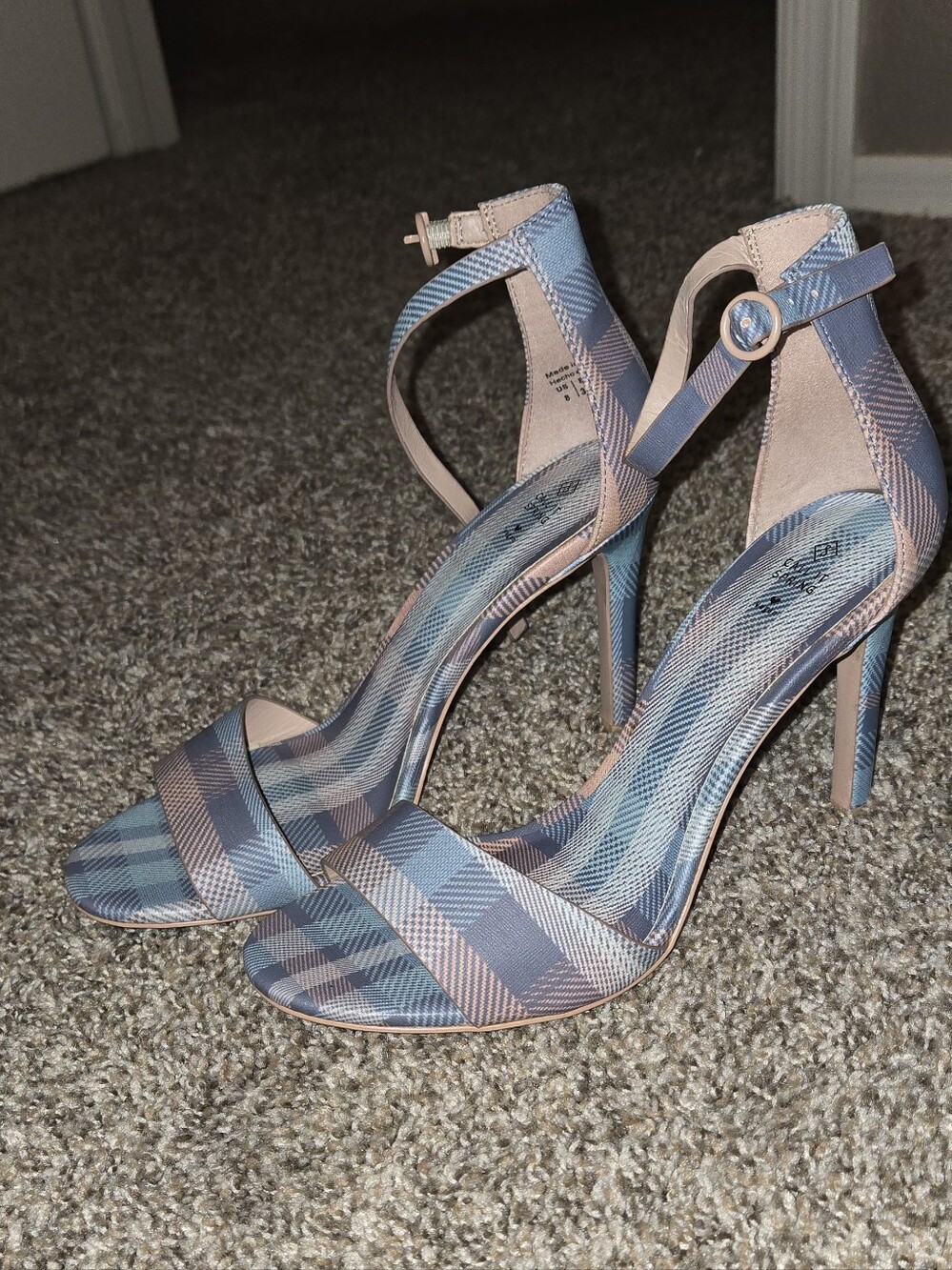 Call It Spring Plaid Strappy Stiletto Sandals in Blue and Pink